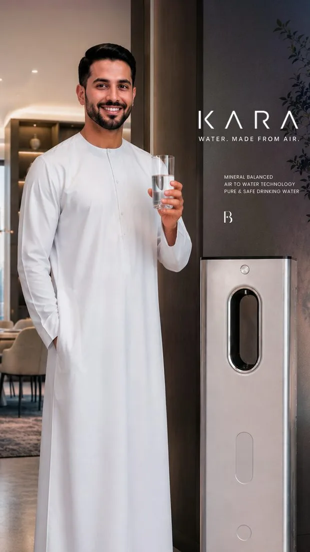 KARA — water made from air — Sustainability and water technology. Emirati talent, product and interior generated. No camera, no location.