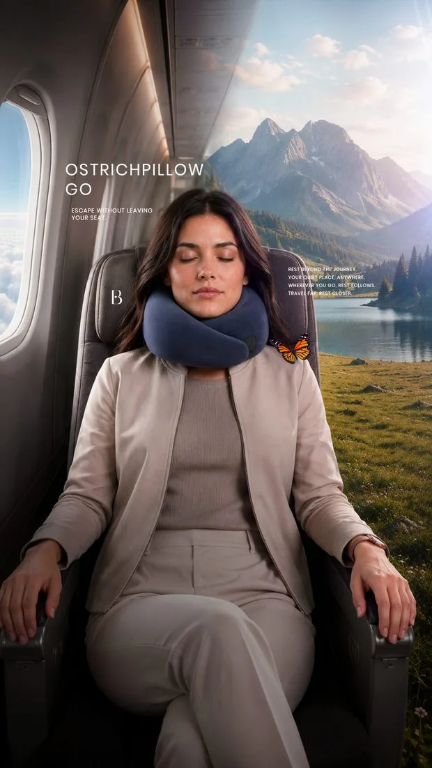 OstrichPillow Go — travel comfort — Cabin interior and open landscape resolved into one continuous frame.
