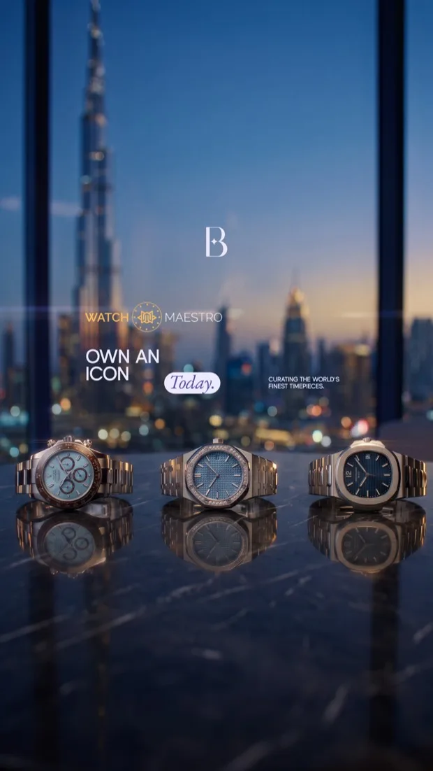 Watch Maestro — luxury retail — Reflective metal, glass and a city skyline at dusk resolved in one frame.